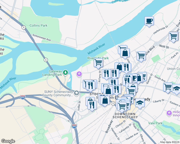 map of restaurants, bars, coffee shops, grocery stores, and more near 14 North Church Street in Schenectady