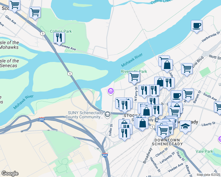 map of restaurants, bars, coffee shops, grocery stores, and more near 4 Cucumber Alley in Schenectady