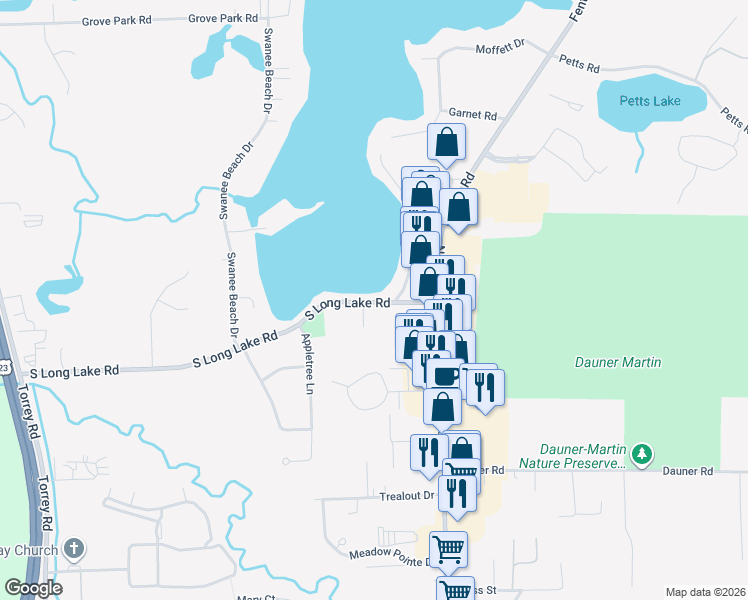 map of restaurants, bars, coffee shops, grocery stores, and more near 2075 South Long Lake Road in Fenton
