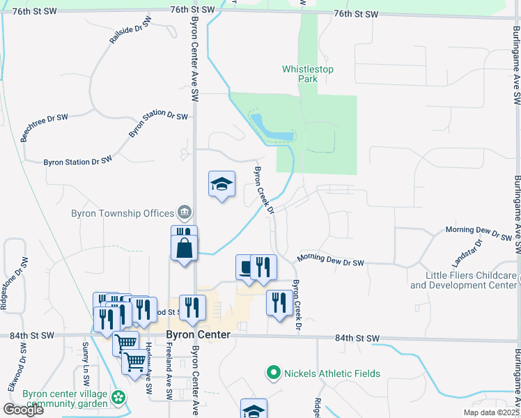 map of restaurants, bars, coffee shops, grocery stores, and more near 8097 Amber Crest Drive SouthWest in Byron Center