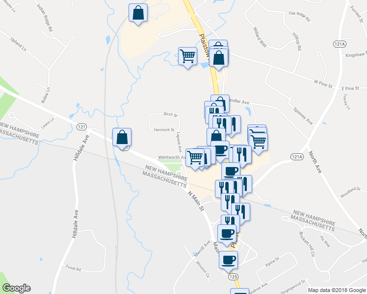 map of restaurants, bars, coffee shops, grocery stores, and more near 3 Laperle Avenue in Plaistow