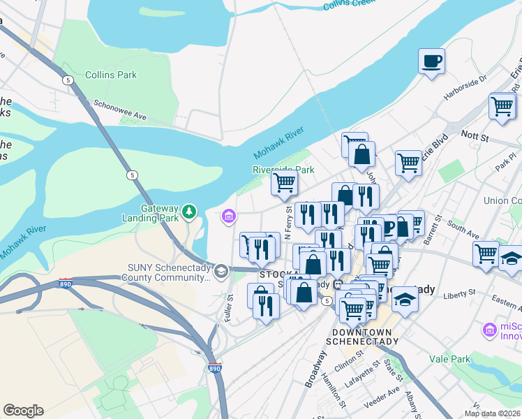map of restaurants, bars, coffee shops, grocery stores, and more near 14 North Church Street in Schenectady