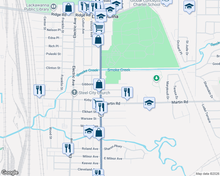map of restaurants, bars, coffee shops, grocery stores, and more near 49 Hamilton Avenue in Lackawanna