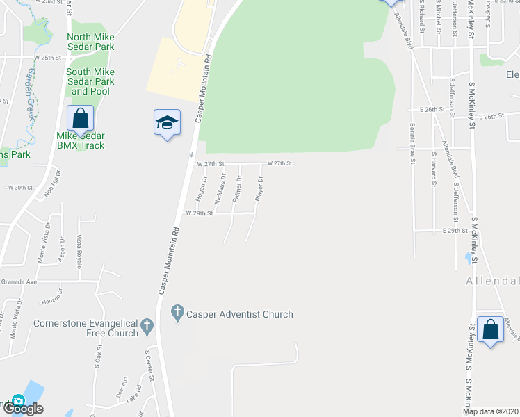 map of restaurants, bars, coffee shops, grocery stores, and more near 2845 Player Drive in Casper