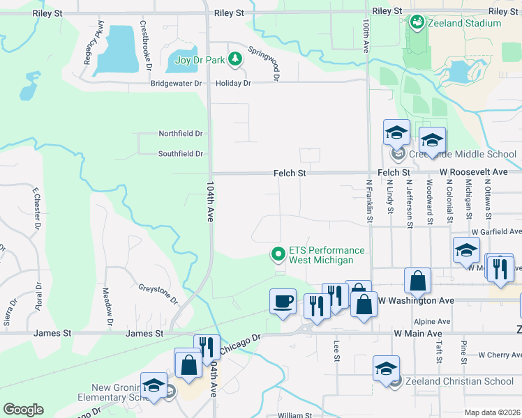 map of restaurants, bars, coffee shops, grocery stores, and more near 10260 Strawberry Lane in Zeeland