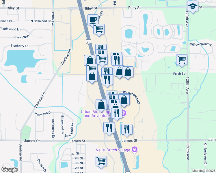 map of restaurants, bars, coffee shops, grocery stores, and more near Westshore Mall in Holland