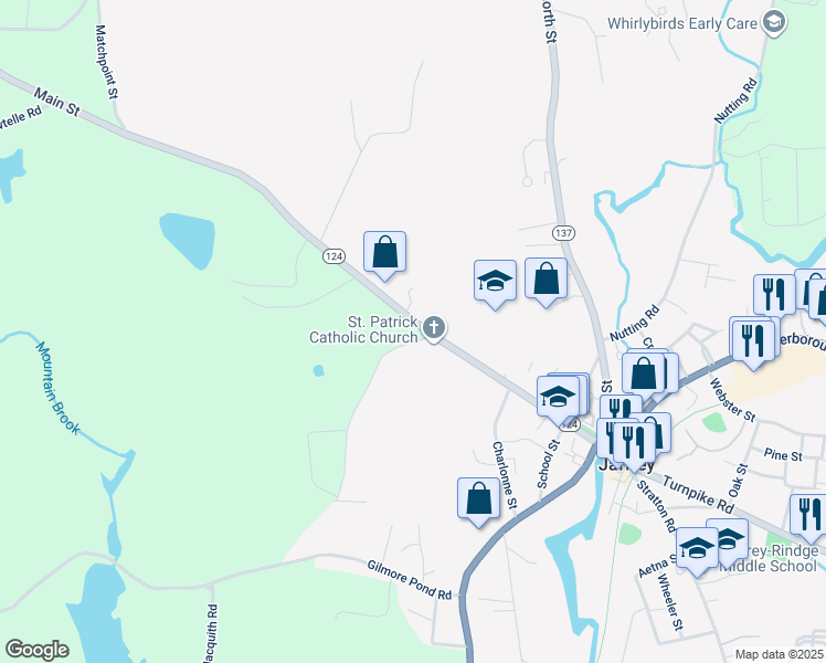 map of restaurants, bars, coffee shops, grocery stores, and more near 89 Main Street in Jaffrey