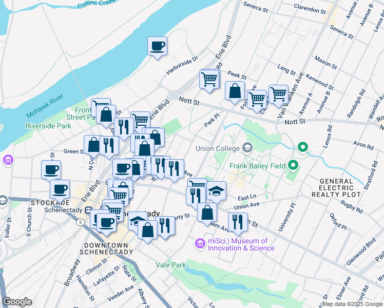 map of restaurants, bars, coffee shops, grocery stores, and more near 215 Seward Place in Schenectady