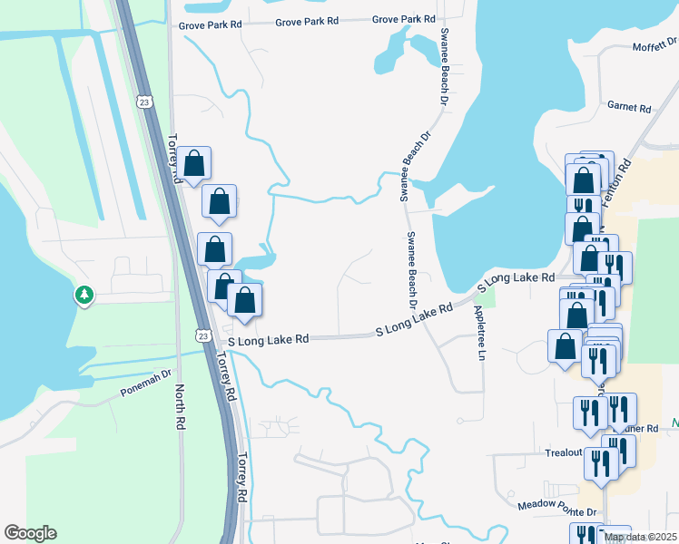 map of restaurants, bars, coffee shops, grocery stores, and more near 14545 Blue Heron Drive in Fenton