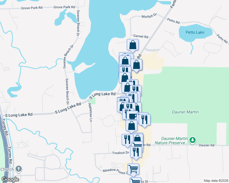 map of restaurants, bars, coffee shops, grocery stores, and more near 2075 South Long Lake Road in Fenton