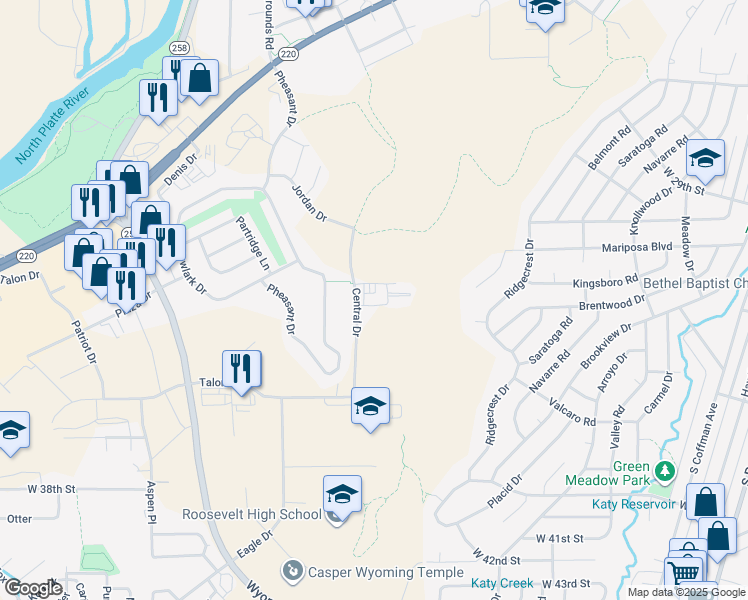 map of restaurants, bars, coffee shops, grocery stores, and more near 2955 Central Drive in Casper