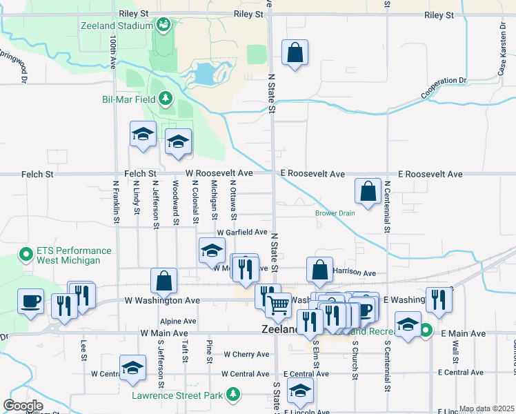 map of restaurants, bars, coffee shops, grocery stores, and more near 36 West Madison Avenue in Zeeland