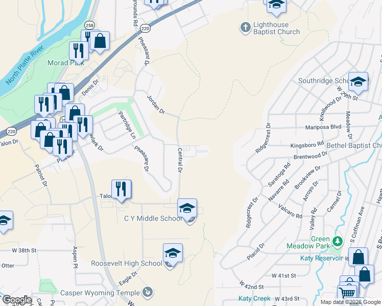 map of restaurants, bars, coffee shops, grocery stores, and more near 2955 Central Drive in Casper