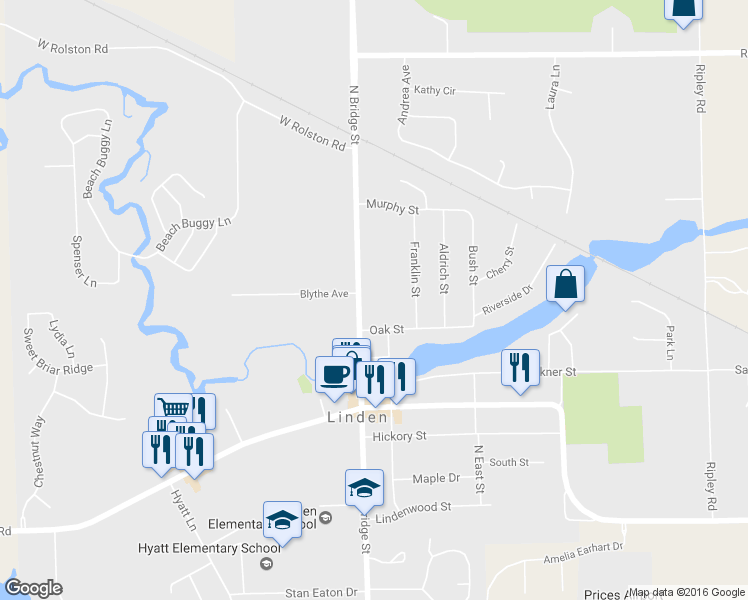 map of restaurants, bars, coffee shops, grocery stores, and more near 502 North Bridge Street in Linden