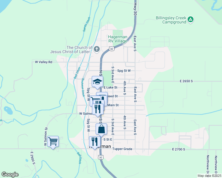 map of restaurants, bars, coffee shops, grocery stores, and more near 161 East Reed Street in Hagerman