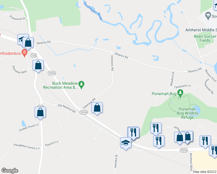 map of restaurants, bars, coffee shops, grocery stores, and more near 9 Veterans Road in Amherst