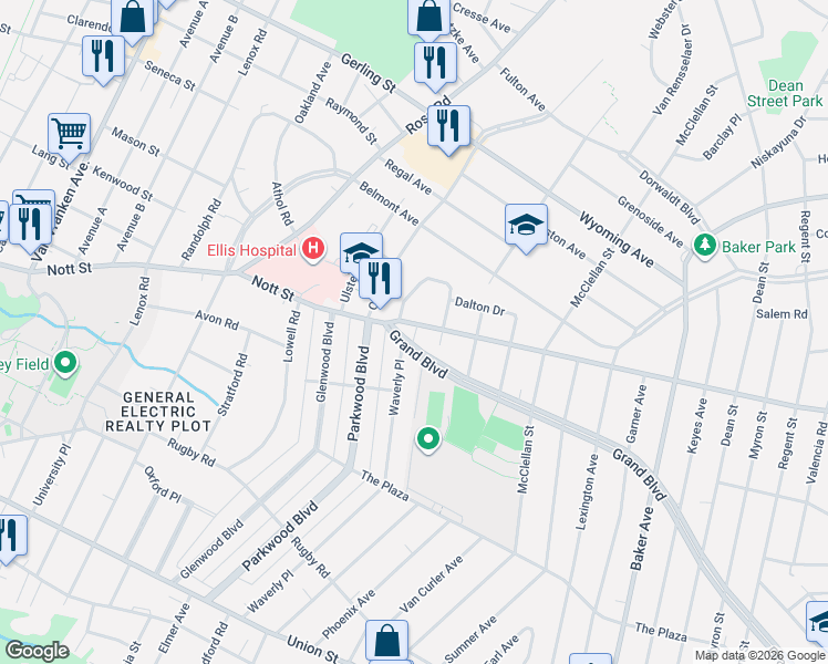 map of restaurants, bars, coffee shops, grocery stores, and more near 1358 Waverly Place in Schenectady