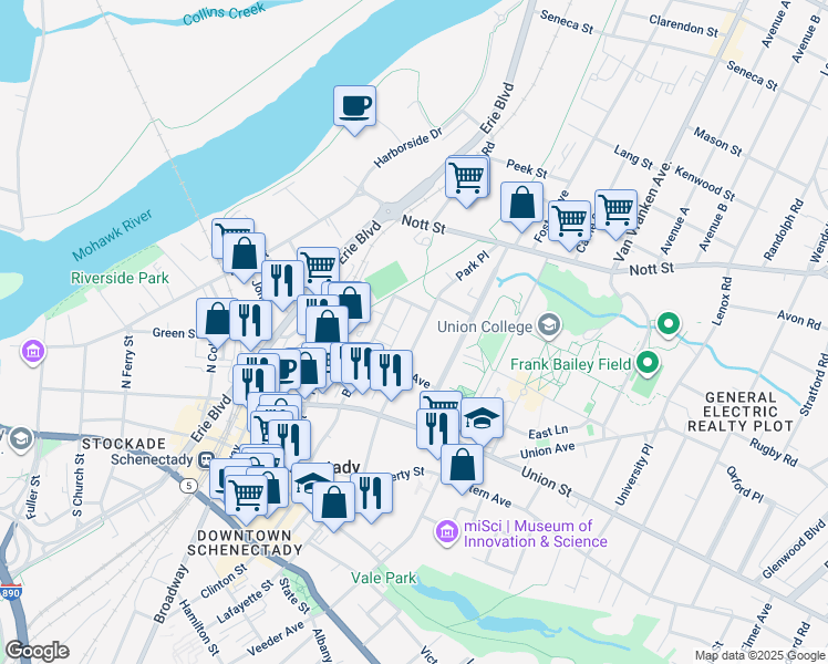 map of restaurants, bars, coffee shops, grocery stores, and more near 106 Park Place in Schenectady