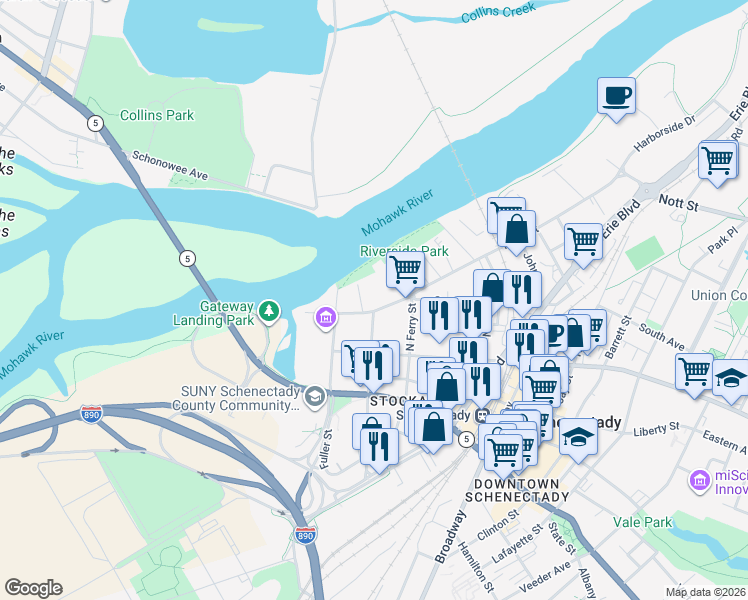map of restaurants, bars, coffee shops, grocery stores, and more near 14 North Church Street in Schenectady