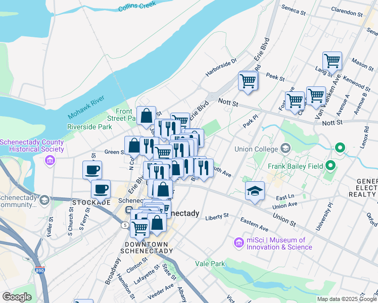 map of restaurants, bars, coffee shops, grocery stores, and more near North Jay Street in Schenectady
