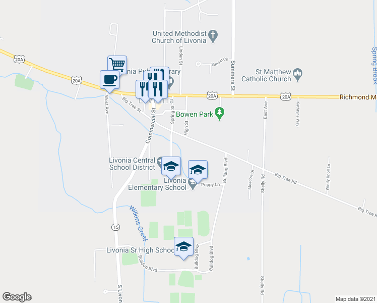 map of restaurants, bars, coffee shops, grocery stores, and more near 80 Big Tree Street in Livonia
