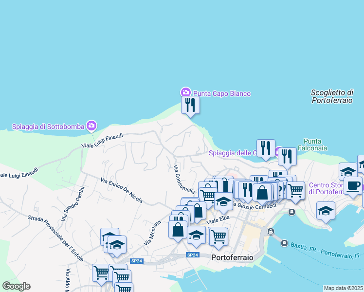 map of restaurants, bars, coffee shops, grocery stores, and more near 16 Viale Luigi Einaudi in Portoferraio