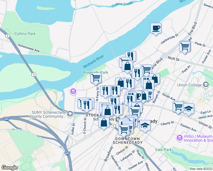 map of restaurants, bars, coffee shops, grocery stores, and more near 219 Green Street in Schenectady