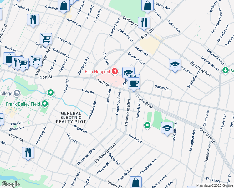 map of restaurants, bars, coffee shops, grocery stores, and more near 1229 Nott Street in Schenectady