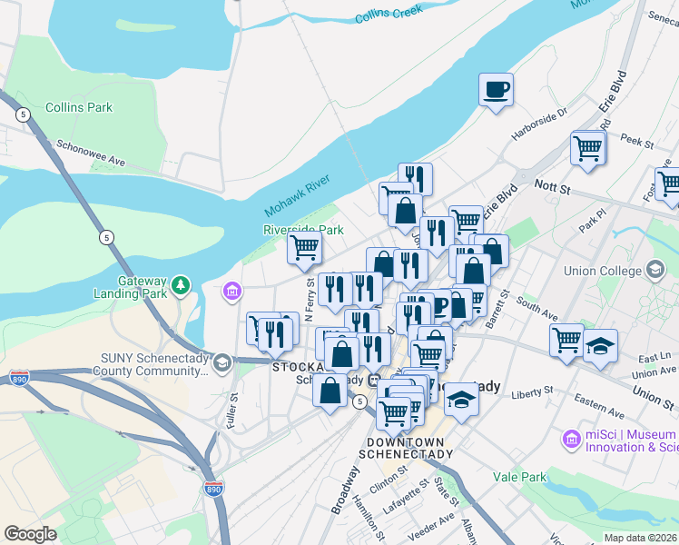 map of restaurants, bars, coffee shops, grocery stores, and more near 130 Front Street in Schenectady