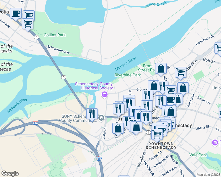 map of restaurants, bars, coffee shops, grocery stores, and more near 21 Governors Lane in Schenectady