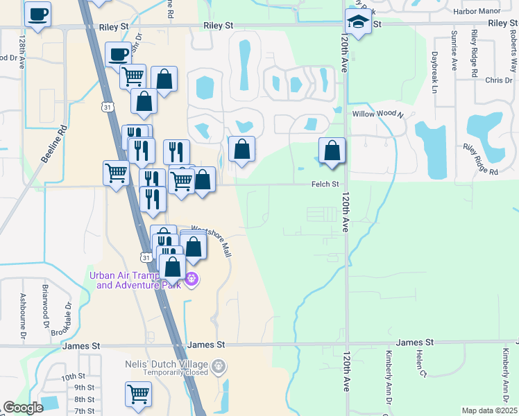map of restaurants, bars, coffee shops, grocery stores, and more near 12162-12324 Felch Street in Holland