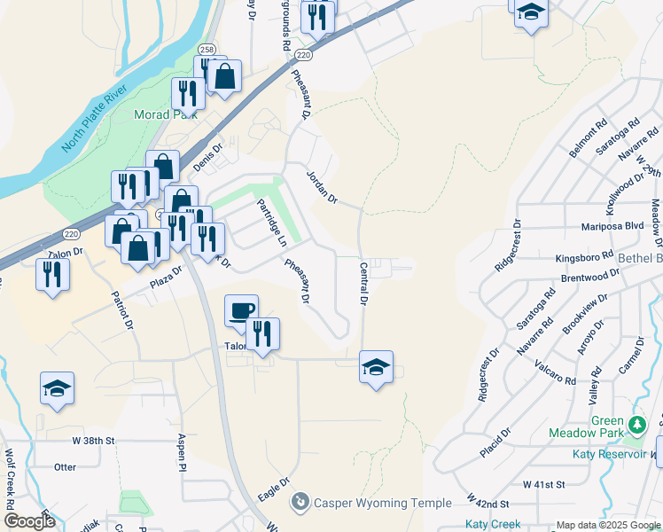 map of restaurants, bars, coffee shops, grocery stores, and more near 2946 Pheasant Drive in Casper