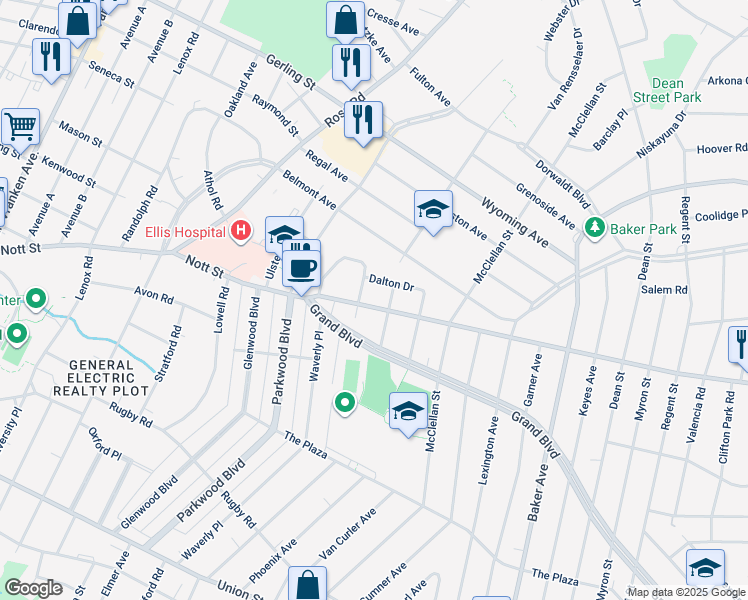 map of restaurants, bars, coffee shops, grocery stores, and more near 1527 Ardsley Place in Schenectady