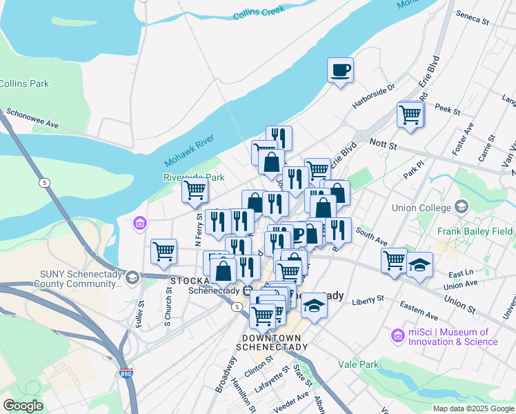map of restaurants, bars, coffee shops, grocery stores, and more near 121 North College Street in Schenectady
