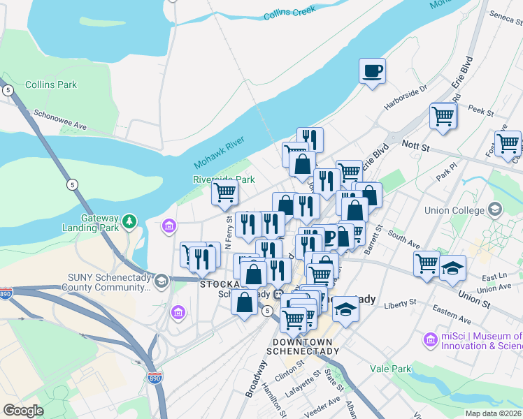map of restaurants, bars, coffee shops, grocery stores, and more near 130 Front Street in Schenectady