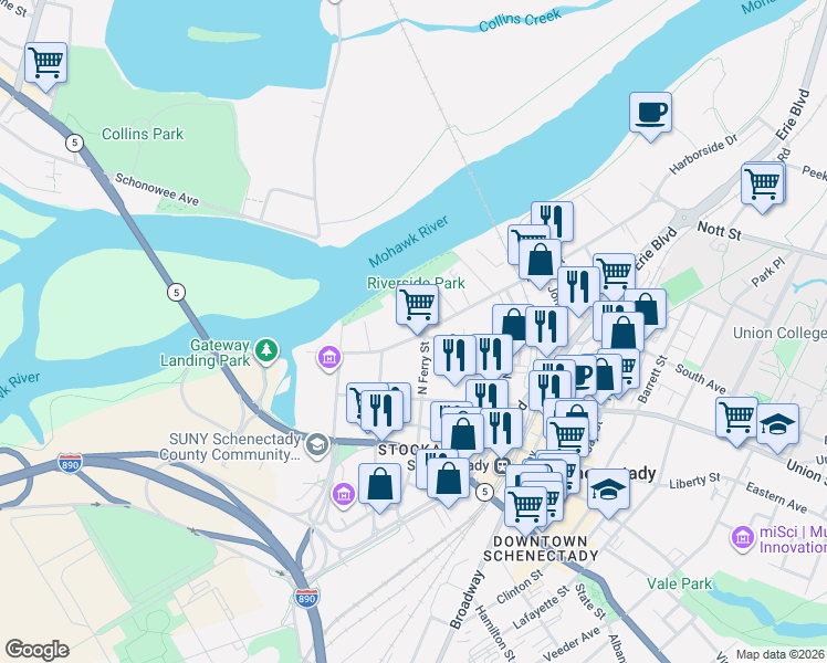 map of restaurants, bars, coffee shops, grocery stores, and more near 100 North Ferry Street in Schenectady