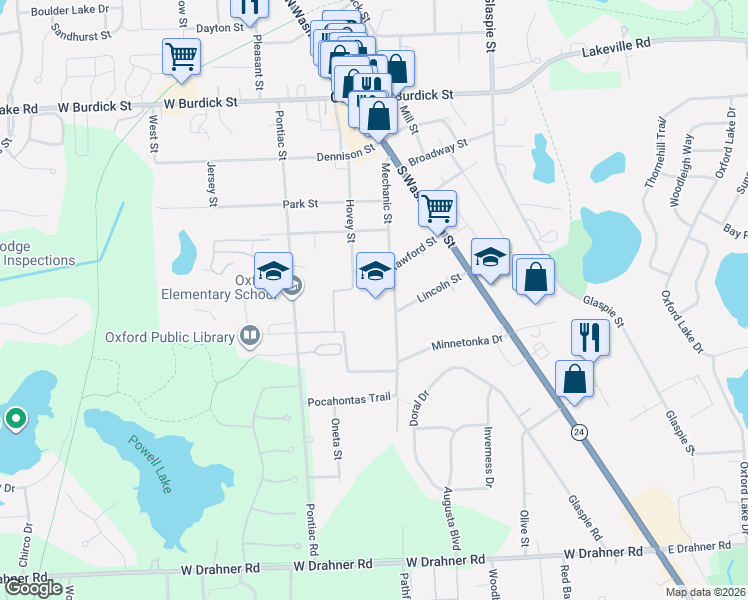 map of restaurants, bars, coffee shops, grocery stores, and more near 68 Mechanic Street in Oakland County