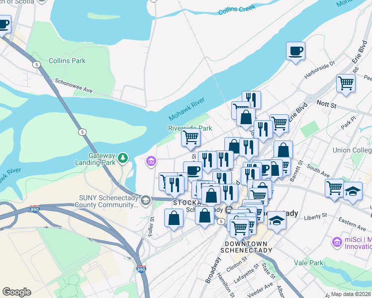 map of restaurants, bars, coffee shops, grocery stores, and more near 123 North Ferry Street in Schenectady