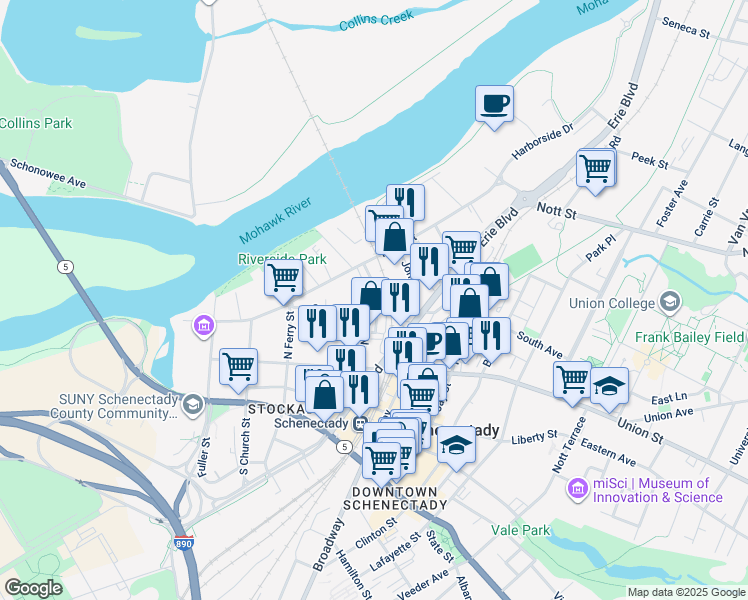 map of restaurants, bars, coffee shops, grocery stores, and more near 301 Green Street in Schenectady