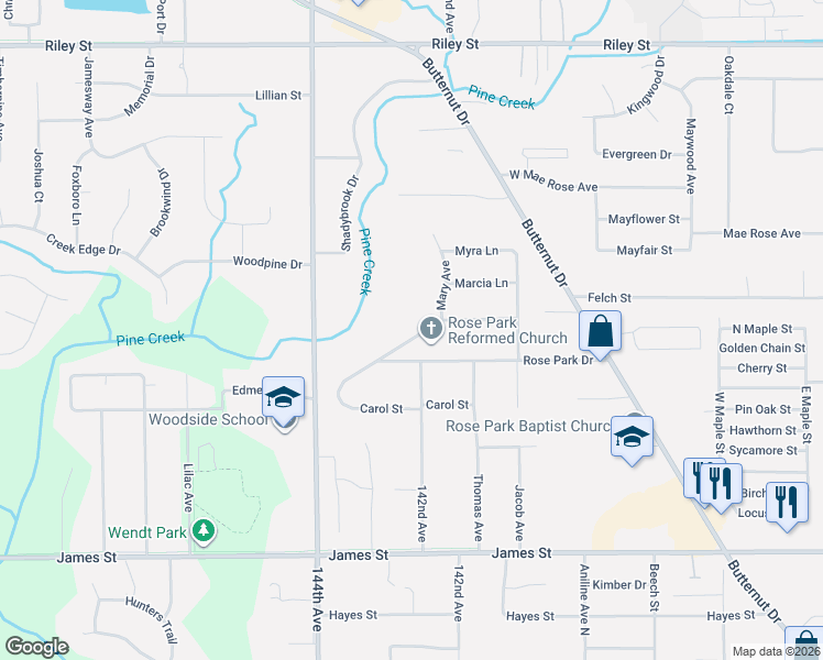 map of restaurants, bars, coffee shops, grocery stores, and more near 14281 Essenburg Drive in Holland