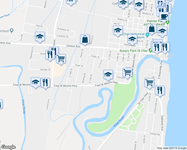 map of restaurants, bars, coffee shops, grocery stores, and more near 1183 South 12th Street in Saint Clair