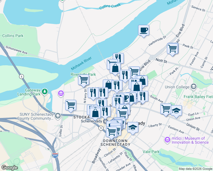 map of restaurants, bars, coffee shops, grocery stores, and more near 121 North College Street in Schenectady