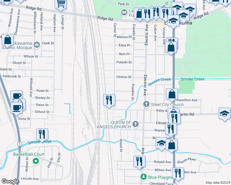 map of restaurants, bars, coffee shops, grocery stores, and more near 249 Center Street in Buffalo