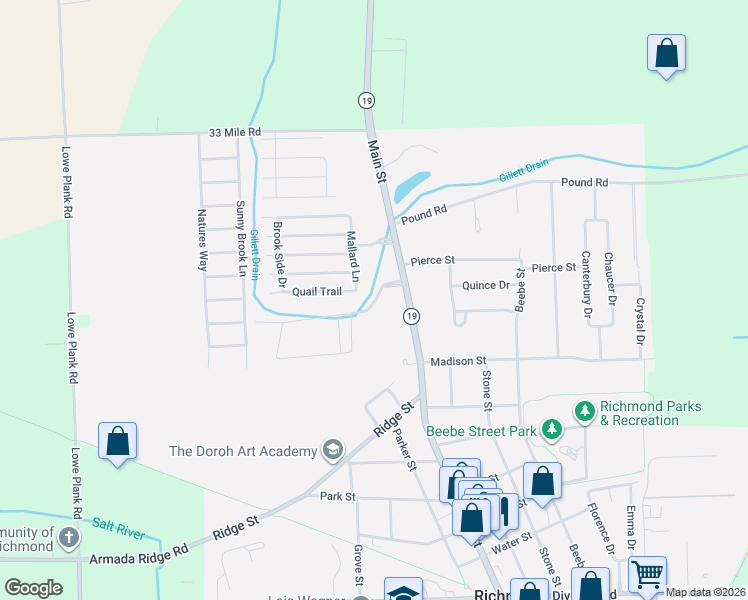 map of restaurants, bars, coffee shops, grocery stores, and more near 70375 Main Street in Richmond