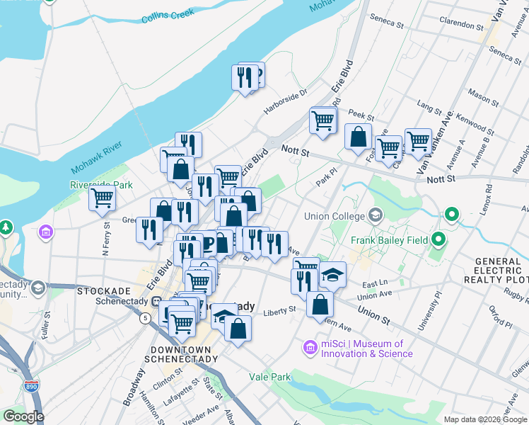 map of restaurants, bars, coffee shops, grocery stores, and more near 1151 Barrett Street in Schenectady