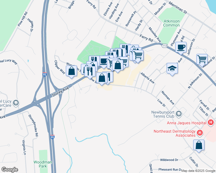 map of restaurants, bars, coffee shops, grocery stores, and more near 251 Low Street in Newburyport