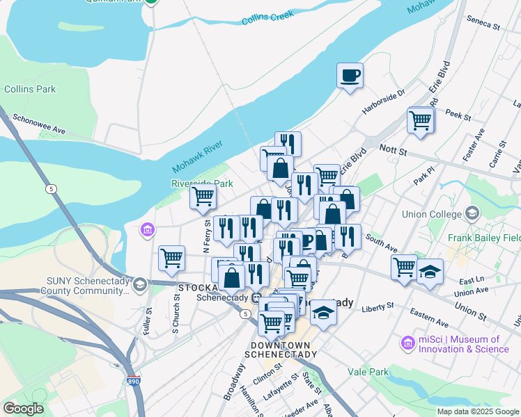 map of restaurants, bars, coffee shops, grocery stores, and more near 121 North College Street in Schenectady