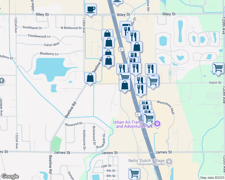 map of restaurants, bars, coffee shops, grocery stores, and more near 2753 Kragspough Court in Holland