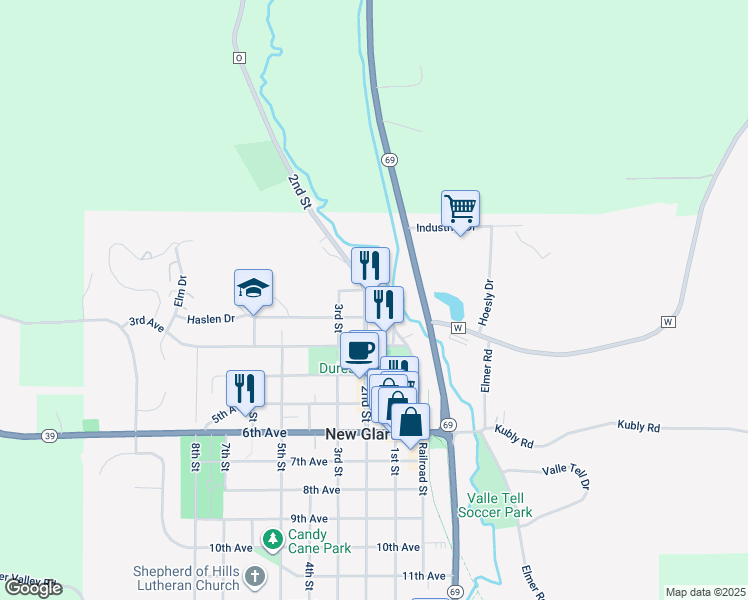 map of restaurants, bars, coffee shops, grocery stores, and more near 114 2nd Street in New Glarus