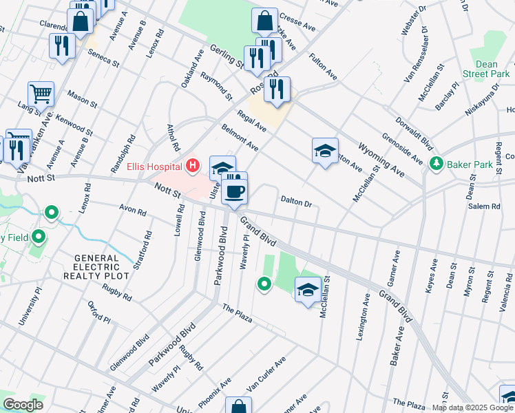 map of restaurants, bars, coffee shops, grocery stores, and more near 1509 Unadilla Street in Schenectady